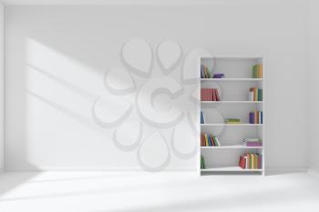 Minimalist interior of empty white room with white floor and wall illuminated by sunlight from the window and the bookcase with many colored books about wall, 3D illustration