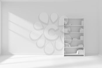 Minimalist interior of empty white room with white floor and wall illuminated by sunlight from the window and the bookcase with many white books about wall, 3D illustration