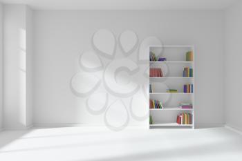 Minimalist interior of empty white room with white floor and wall illuminated by sunlight from the window and the bookcase with many colored books about wall 3D illustration