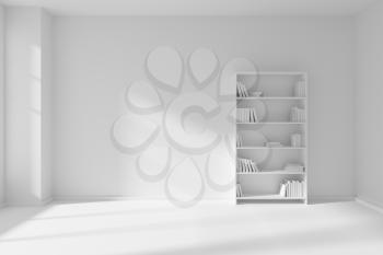 Minimalist interior of empty white room with white floor and wall illuminated by sunlight from the window and the bookcase with many white books about wall 3D illustration