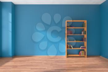 Empty room with blue wall, wooden parquet floor and wooden bookshelf with many color books on shelves with light from window on blue wall and parquet floor, minimalist interior 3D illustration