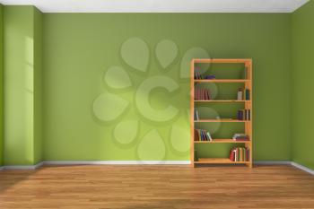 Empty room with green wall, wooden parquet floor and wooden bookshelf with many color books on shelves with light from window on green wall and parquet floor, minimalist interior 3D illustration