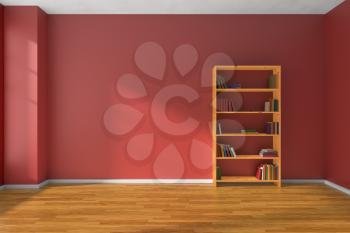 Empty room with red wall, wooden parquet floor and wooden bookshelf with many color books on shelves with light from window on red wall and parquet floor, minimalist interior 3D illustration