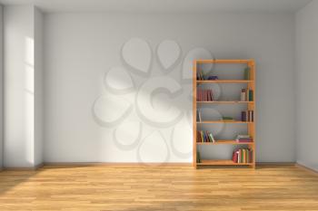 Empty room with white wall, wooden parquet floor and wooden bookshelf with many color books on shelves with light from window on white wall and parquet floor, minimalist interior 3D illustration