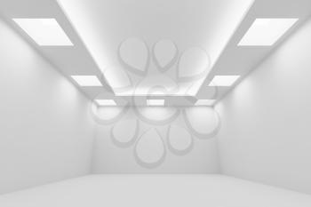 Abstract architecture white room interior - empty white room with white wall, white floor, white ceiling with square ceiling lamps and hidden ceiling lights,  wide perspective view, 3d illustration