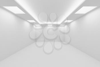 Abstract architecture white room interior - empty white room with white wall, white floor, white ceiling with square ceiling lamps and hidden ceiling lights perspective view, 3d illustration
