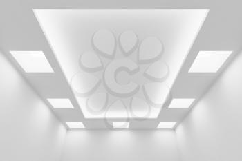 Abstract architecture white room interior - ceiling of empty white room with white wall, white ceiling with square ceiling lamps and hidden ceiling lights and empty space, 3d illustration