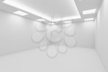 Abstract architecture white room interior - empty white room with white wall, white floor, white ceiling with square ceiling lamps and hidden ceiling lights, view from corner, 3d illustration
