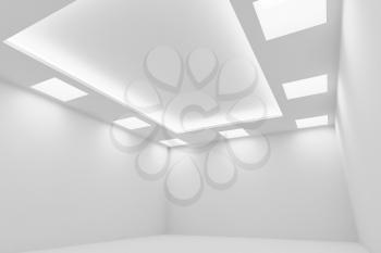 Abstract architecture white room interior - empty white room with white wall, white floor, white ceiling with square ceiling lamps and hidden ceiling lights wide diagonal view, 3d illustration
