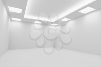 Abstract architecture white room interior - empty white room with white wall, white floor, white ceiling with square ceiling lamps and hidden ceiling lights diagonal view, 3d illustration