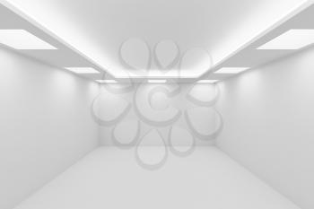 Abstract architecture white room interior - empty white room with white wall, white floor, white ceiling with square ceiling lights and hidden ceiling lamps and empty space, 3d illustration