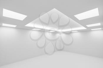 Abstract architecture white room interior - empty white room with white wall, white floor, white ceiling with square ceiling lamps and hidden ceiling lights wide view from corner 3d illustration