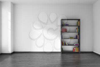 Empty room with white wall, black wooden parquet floor and black wooden bookshelf with books on shelves with light from window on the wall and parquet floor, minimalist interior 3D illustration