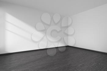 Corner of black and white empty room with black hardwood parquet floor, white walls and sunlight from window on the wall minimalist interior, 3d illustration
