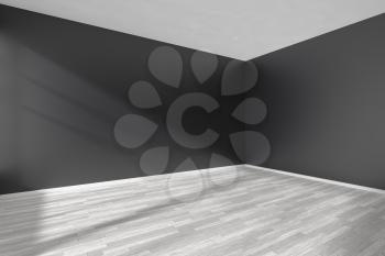 Corner of black and white empty room with white hardwood parquet floor, black walls and sunlight from window on the wall minimalist interior, 3d illustration