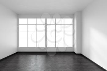 Black and white empty room with black hardwood parquet floor, big window and white walls and sunlight from window front view minimalist interior, 3d illustration