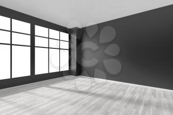 Black and white empty room with white hardwood parquet floor, big window and black walls and sunlight from window minimalist interior, 3d illustration