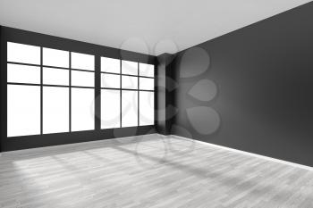 Black and white empty room with white hardwood parquet floor and big window and black walls and sunlight from window minimalist interior, 3d illustration