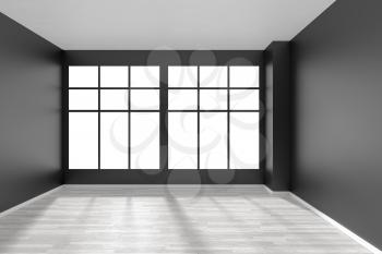 Black and white empty room with white hardwood parquet floor, big window and black walls and sunlight from window minimalist interior front view, 3d illustration