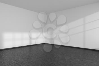 Black and white empty room corner with black hardwood parquet floor, white walls and sunlight from window on the wall minimalist interior, 3d illustration