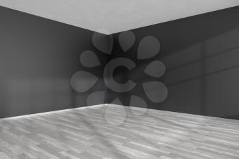 Black and white empty room corner with white hardwood parquet floor, black walls and sunlight from window on the wall minimalist interior, 3d illustration