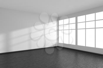 Black and white empty room with black hardwood parquet floor, big window and white walls, with sunlight from window minimalist interior, 3d illustration
