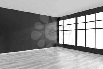 Black and white empty room with white hardwood parquet floor, black walls and big window and sunlight from window minimalist interior, 3d illustration