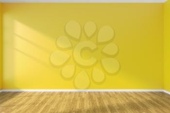 Yellow wall of empty room with hardwood parquet floor and sunlight from window on the wall, minimalist interior, 3d illustration