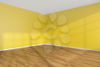 Empty room corner with hardwood parquet floor, yellow walls and sunlight from window on the wall, minimalist interior, 3d illustration