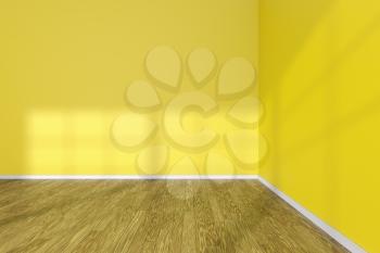 Corner of empty room with hardwood parquet floor, yellow walls and sunlight from window on the wall, minimalist interior, 3d illustration