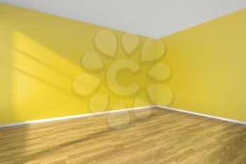Corner of empty room with yellow walls, hardwood parquet floor and sunlight from window on the wall, minimalist interior, 3d illustration