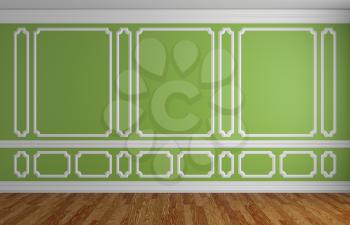 Green wall with white decorative moldings elements on wall in classic style empty room with wooden parquet floor and white baseboard, classic style architectural background 3d illustration interior