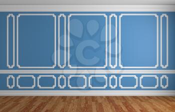 Blue wall with white decorative moldings elements on wall in classic style empty room with wooden parquet floor and white baseboard, classic style architectural background 3d illustration interior