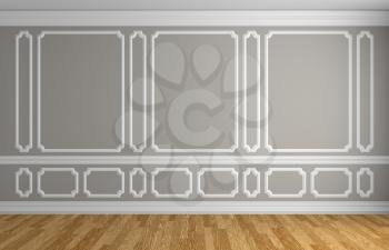 Gray wall with white decorative moldings elements on wall in classic style empty room with wooden parquet floor and white baseboard, classic style architectural background 3d illustration interior