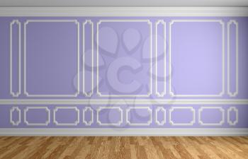 Violet wall with white decorative moldings elements on wall in classic style empty room with wooden parquet floor and white baseboard, classic style architectural background 3d illustration interior