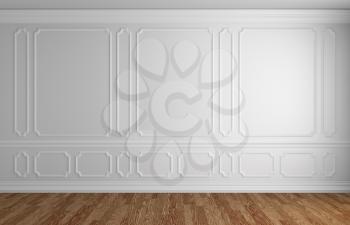 White wall with white decorative moldings elements on wall in classic style empty room with wooden parquet floor and white baseboard, classic style architectural background 3d illustration interior