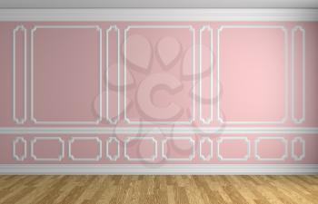 Pink wall with white decorative moldings elements on wall in classic style empty room with wooden parquet floor and white baseboard, classic style architectural background 3d illustration interior