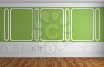 Green wall with white moldings and decorations on wall in classic style empty room with wooden parquet floor and white baseboard, classic style architectural background 3d illustration interior