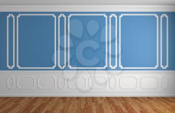 Blue wall with white moldings and decorations on wall in classic style empty room with wooden parquet floor and white baseboard, classic style architectural background 3d illustration interior