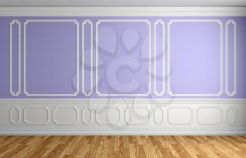 Violet wall with white moldings and decorations on wall in classic style empty room with wooden parquet floor and white baseboard, classic style architectural background 3d illustration interior