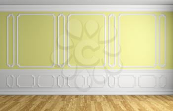 Yellow wall with white moldings and decorations on wall in classic style empty room with wooden parquet floor and white baseboard, classic style architectural background 3d illustration interior
