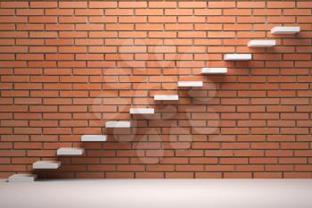 Business rise, forward achievement, progress way, success and hope creative concept - Ascending stairs of rising staircase in empty room with red brick wall with light, 3d illustration
