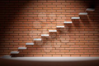 Business rise, forward achievement, progress way, success and hope creative concept - Ascending stairs of rising staircase in dark empty room with red brick wall with spot light, 3d illustration