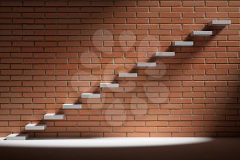 Business rise, forward achievement, progress way, success and hope creative concept - Ascending stairs of rising staircase in dark empty room with red brick wall with light, 3d illustration