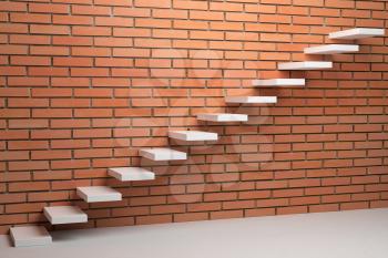 Business rise, forward achievement, progress way, success and hope creative concept - Ascending stairs of rising staircase in empty room with red bricks wall, 3d illustration.