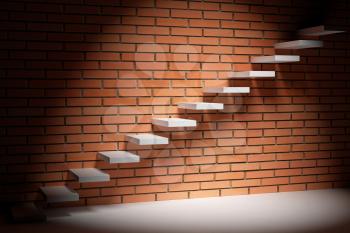 Business rise, forward achievement, progress way, success and hope creative concept - Ascending stairs of rising staircase in dark empty room with red bricks wall with spot light, 3d illustration