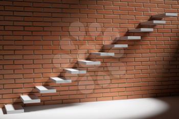 Business rise, forward achievement, progress way, success and hope creative concept - Ascending stairs of rising staircase in dark empty room with red bricks wall with light, 3d illustration