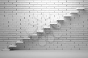 Business rise, forward achievement, progress way, success and hope creative concept - Ascending stairs of rising staircase in empty room with white brick wall with light, 3d illustration