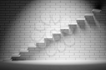 Business rise, forward achievement, progress way, success and hope creative concept - Ascending stairs of rising staircase in dark empty room with white brick wall with spot light, 3d illustration