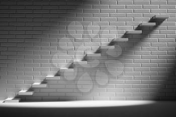 Forward achievement, business rise, progress way, success and hope creative concept - Ascending stairs of rising staircase in dark empty room with white brick wall with light, 3d illustration